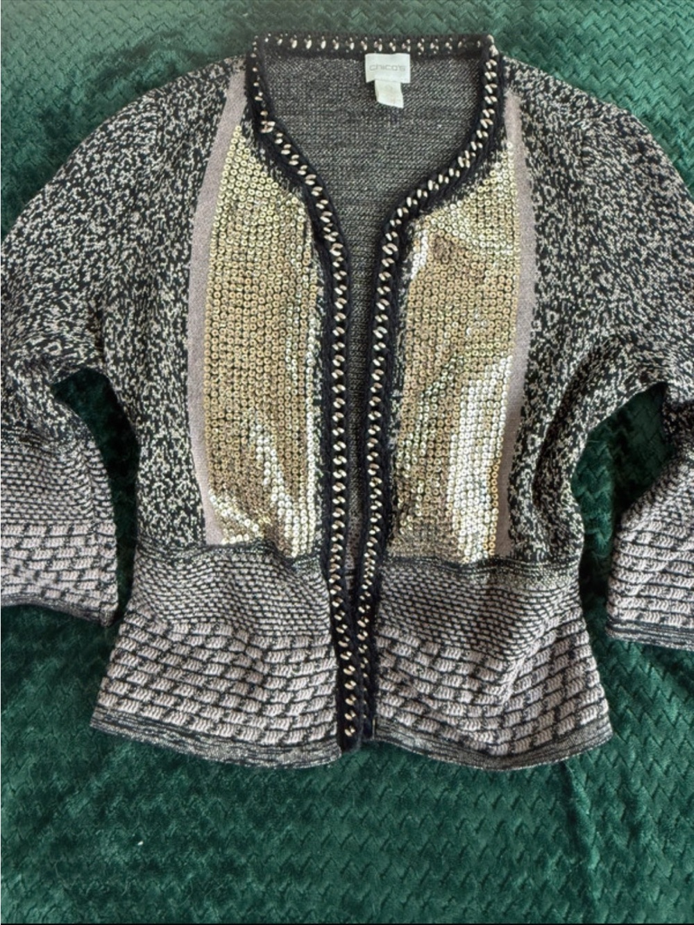 Chico's Metallic Gold Sequin & Gray Open Cardigan
